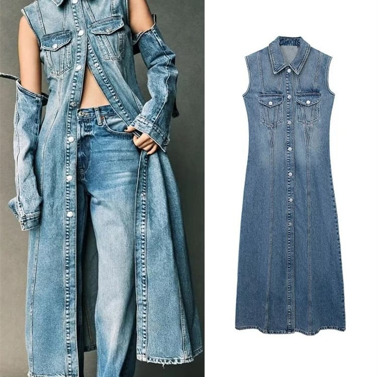 Sleeveless Button-Front Denim Maxi Dress with Snap Pockets