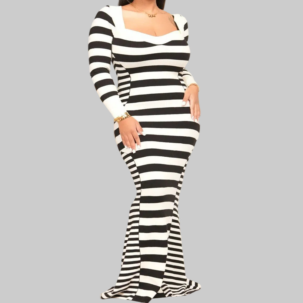 Black and White Striped Mermaid Maxi Dress