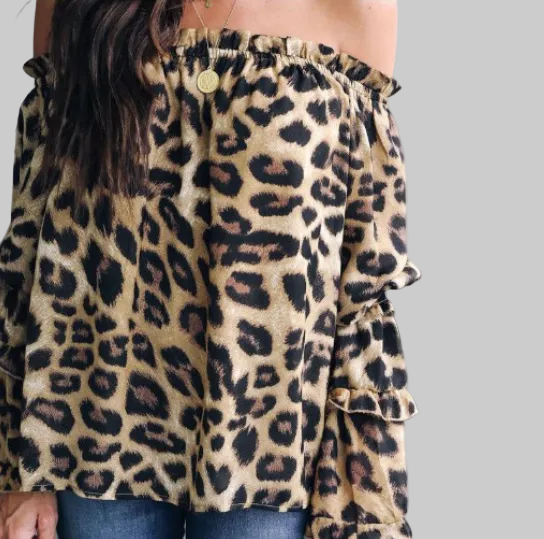 Tan and black leopard print cold-shoulder blouse with long tiered ruffle bishop sleeves and gathered cuffs, styled with medium wash straight-leg jeans | The Pretty Pistol