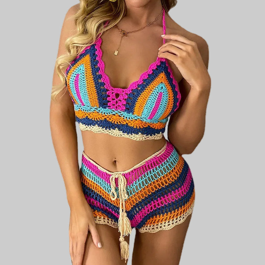 Multicolor chevron stripe crochet cover-up set with halter crop top and matching drawstring tassel shorts in hot pink, teal, orange, navy, and cream | The Pretty Pistol