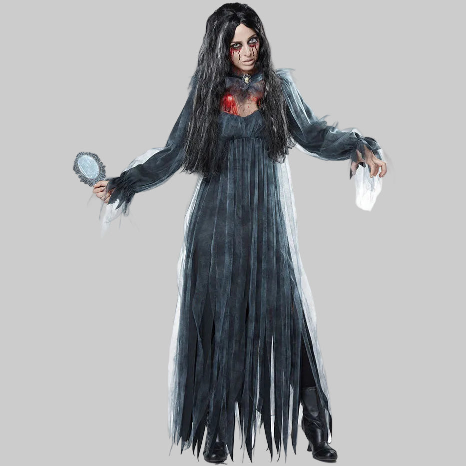 Zombie Bride Halloween Costume Dark Gray - Tattered Ghost Gown Shredded Hem Flared Sleeves Choker Prop Mirror Sizes M-XL | The Pretty Pistol