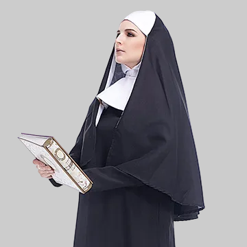 Nun Halloween Costume - Full-Length Black Robe Layered Skirt White Wimple Black Veil Headpiece Prop Book Sizes S-2XL | The Pretty Pistol