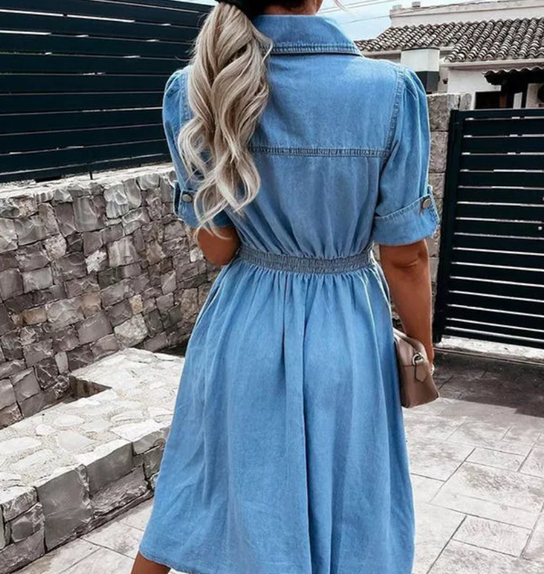 Button-Front Denim Shirt Dress with Elastic Waist & Pockets