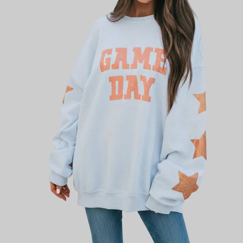 Game Day Graphic Sweatshirt in White with Star Sleeve Detail – Sizes S-XL | The Pretty Pistol