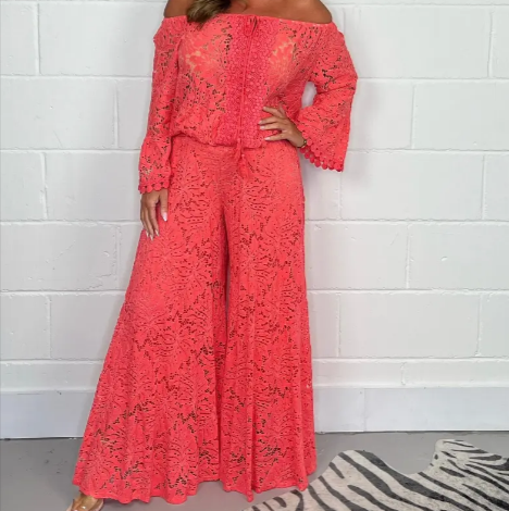 Off-Shoulder Floral Lace Blouse & Wide Leg Pants Set in Orange Red – S-5XL | The Pretty Pistol