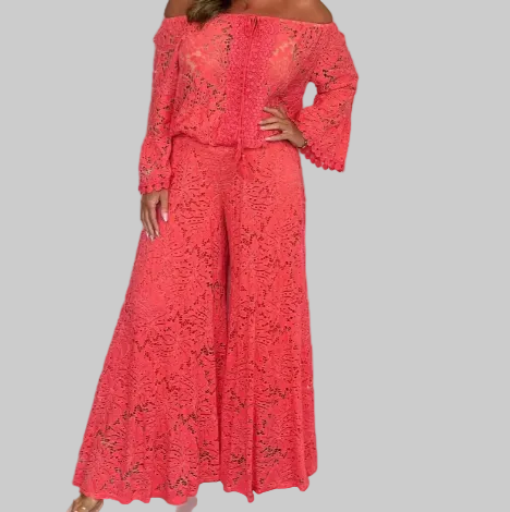Off-Shoulder Floral Lace Blouse & Wide Leg Pants Set in Orange Red – S-5XL | The Pretty Pistol