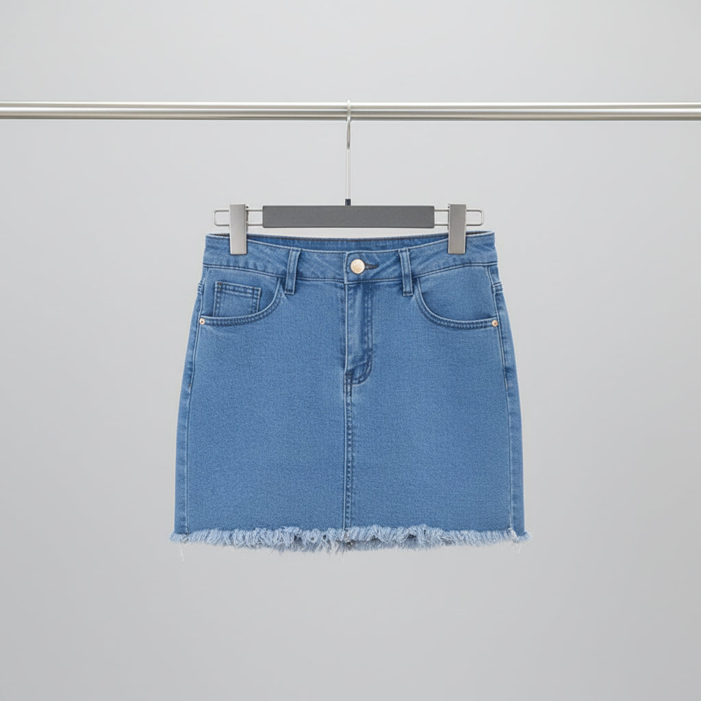 Bright light blue fitted denim mini skirt with raw frayed hem all the way around, single button closure, and two front slash pockets | The Pretty Pistol