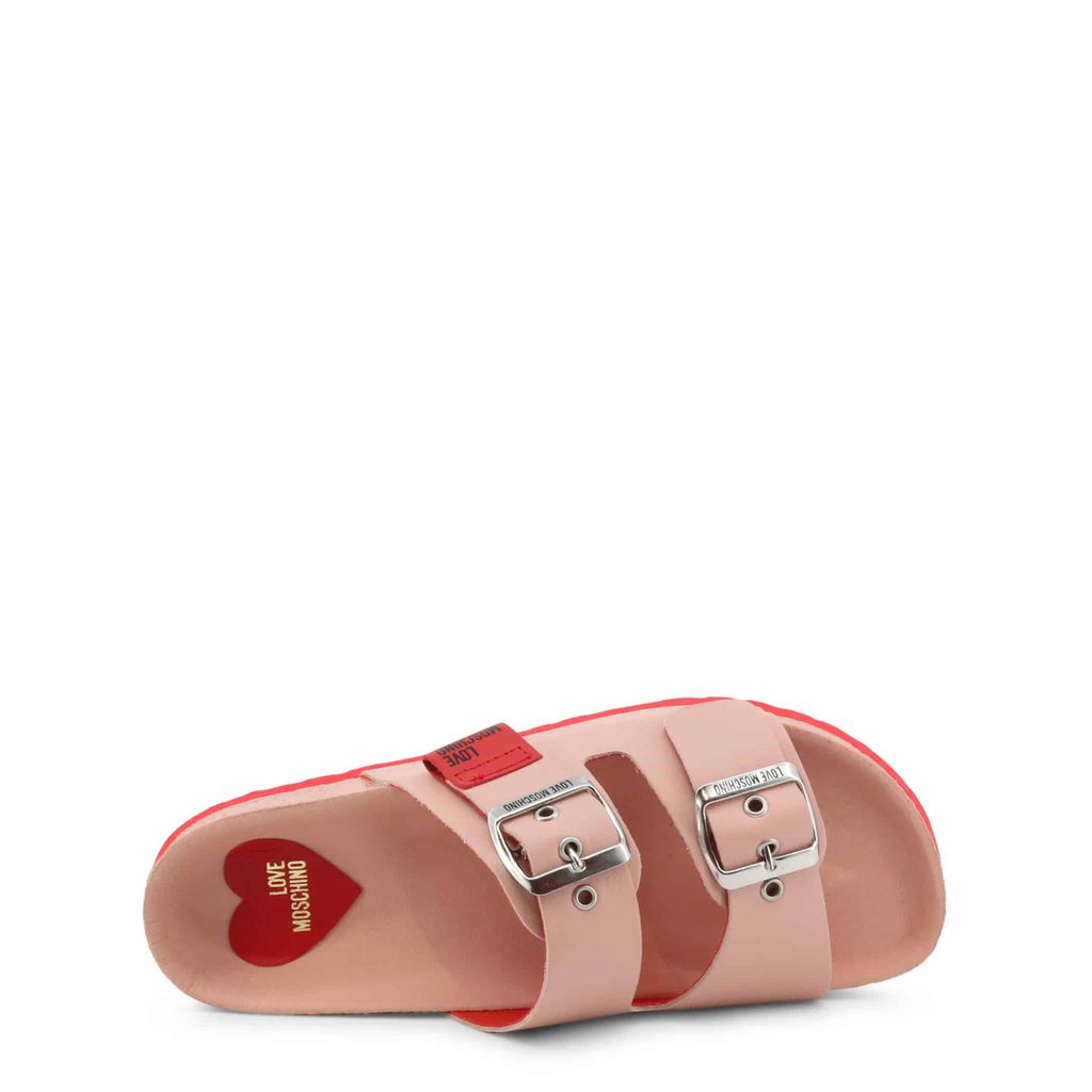 Authentic Love Moschino Blush Pink Double-Strap Slide Sandals with Silver Buckle Hardware, Red Logo Footbed & Red Outsole – Made in Italy, Sizes 5-9 | The Pretty Pistol