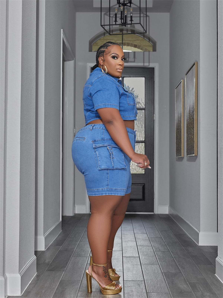 Plus Size Denim Two Piece Set with Pockets for Women