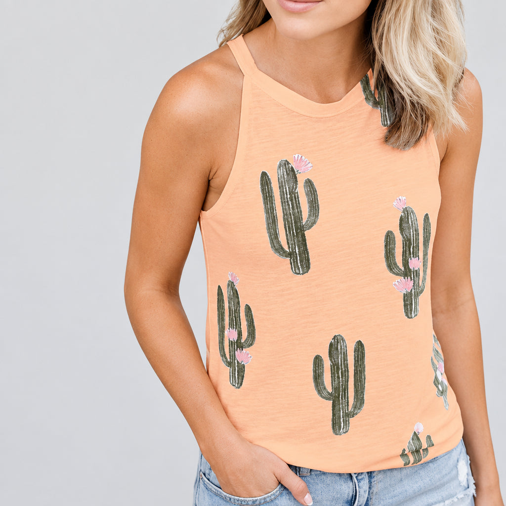 Women’s Cactus Print Tank Top in Orange – Green Cactus Graphics with Pink Flower Accents, Sleeveless High Neck, Sizes S–XL | The Pretty Pistol