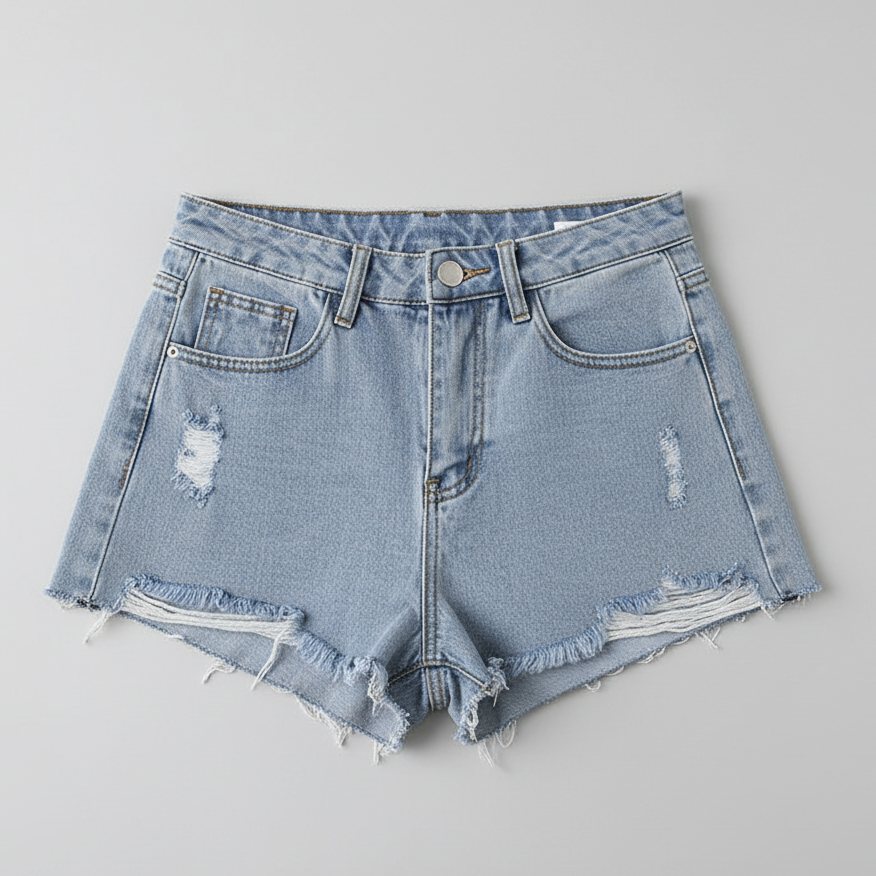 Light wash blue high-waist denim shorts with distressed rips and frayed raw hem, button fly and front pockets size S-5XL| The Pretty Pistol