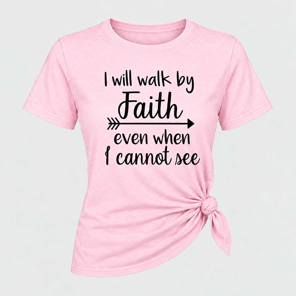 Women’s Walk By Faith Graphic Tee in Pink – Faith Quote and Arrow Graphic, Short Sleeves, Sizes S–3XL | The Pretty Pistol
