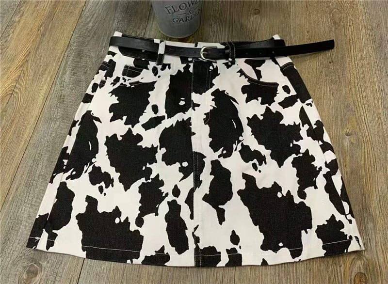 Cow Print High Waist Denim Skirt for Women
