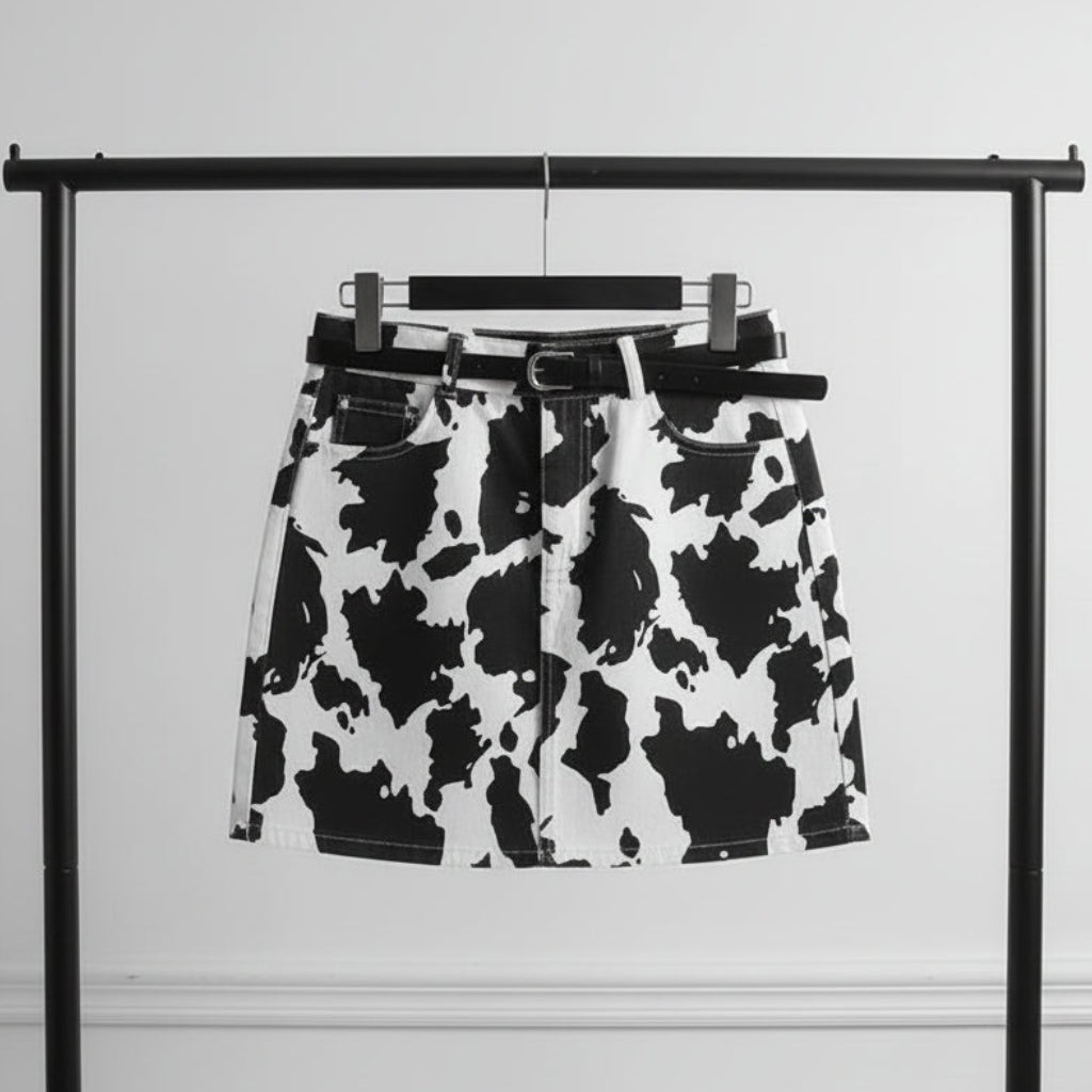Black and white cow print high-waist A-line denim mini skirt with matching black belt included | The Pretty Pistol