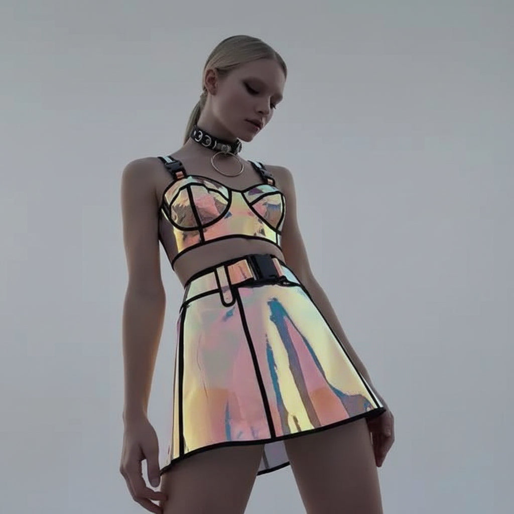 Holographic iridescent two-piece costume set with gold pink and silver color-shifting bustier crop top and flared mini skirt with black trim | The Pretty Pistol
