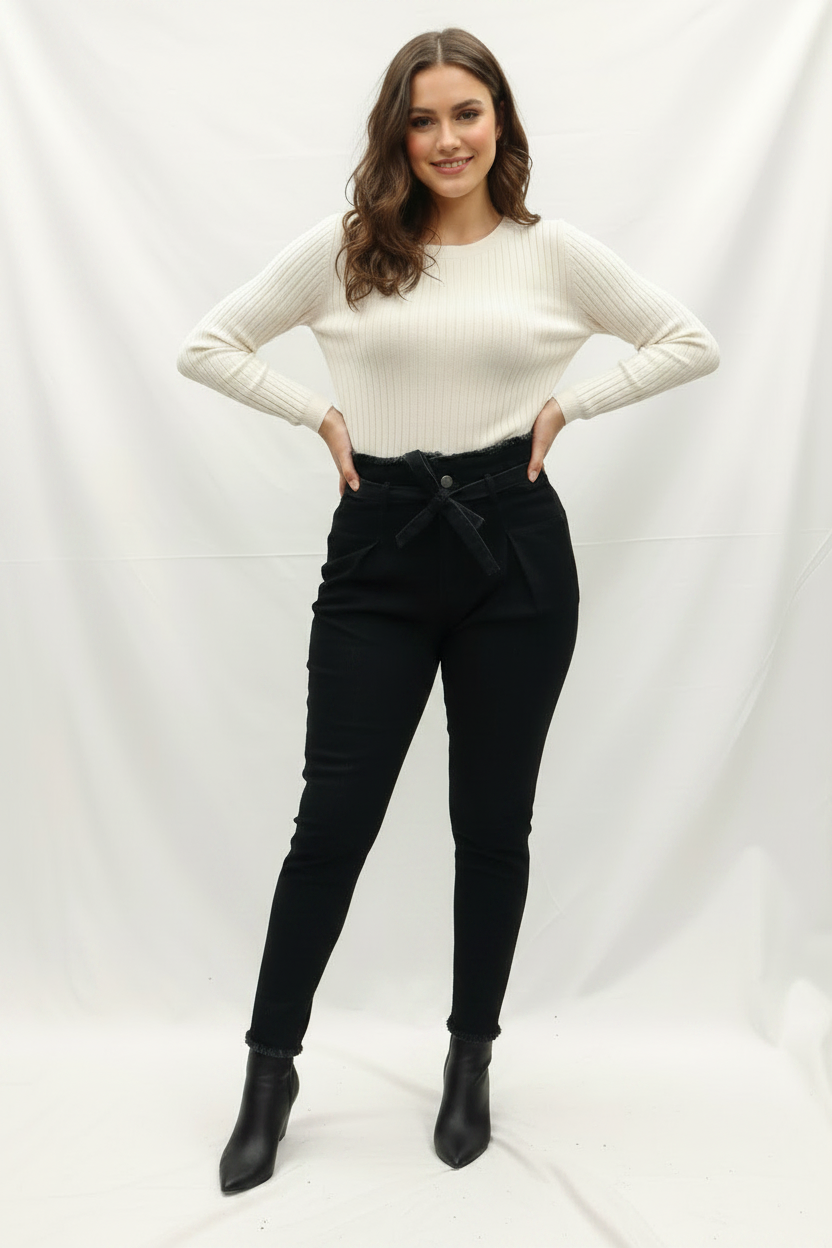 High-Waisted Black Frayed Denim Jeans for Women up to 3XL