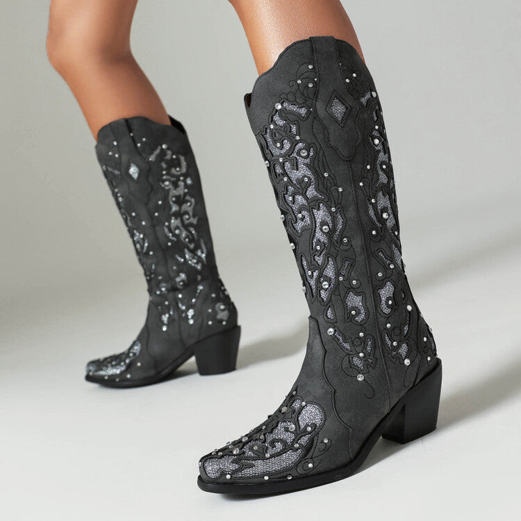 Black knee-high western cowboy boots with intricate silver embroidery, rhinestone crystal studs, and cutout overlay detailing, chunky block heel and pointed toe | The Pretty Pistol