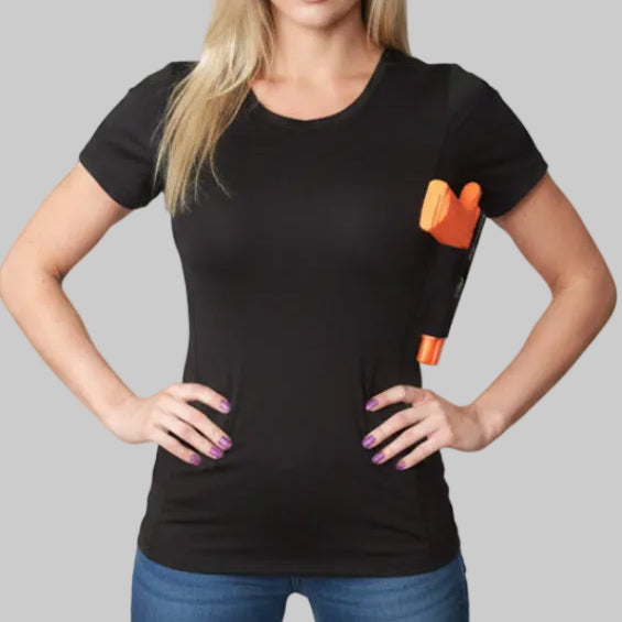 Black women's concealed carry short-sleeve crew neck t-shirt with built-in side gun holster shown with orange training pistol | The Pretty Pistol