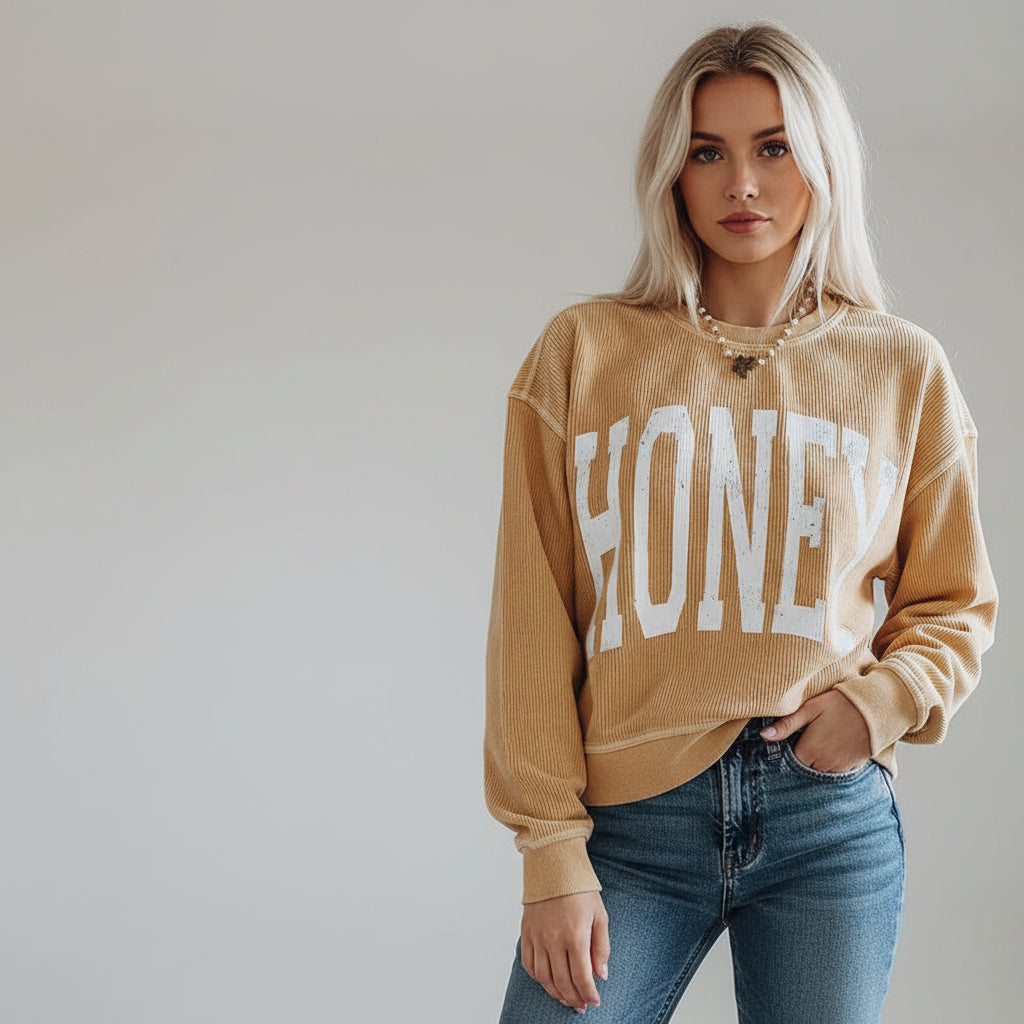 HONEY Graphic Oversized Crew Neck Sweatshirt in Honey - Distressed Graphic Print Ribbed Texture Dropped Shoulders Sizes S-2XL | The Pretty Pistol