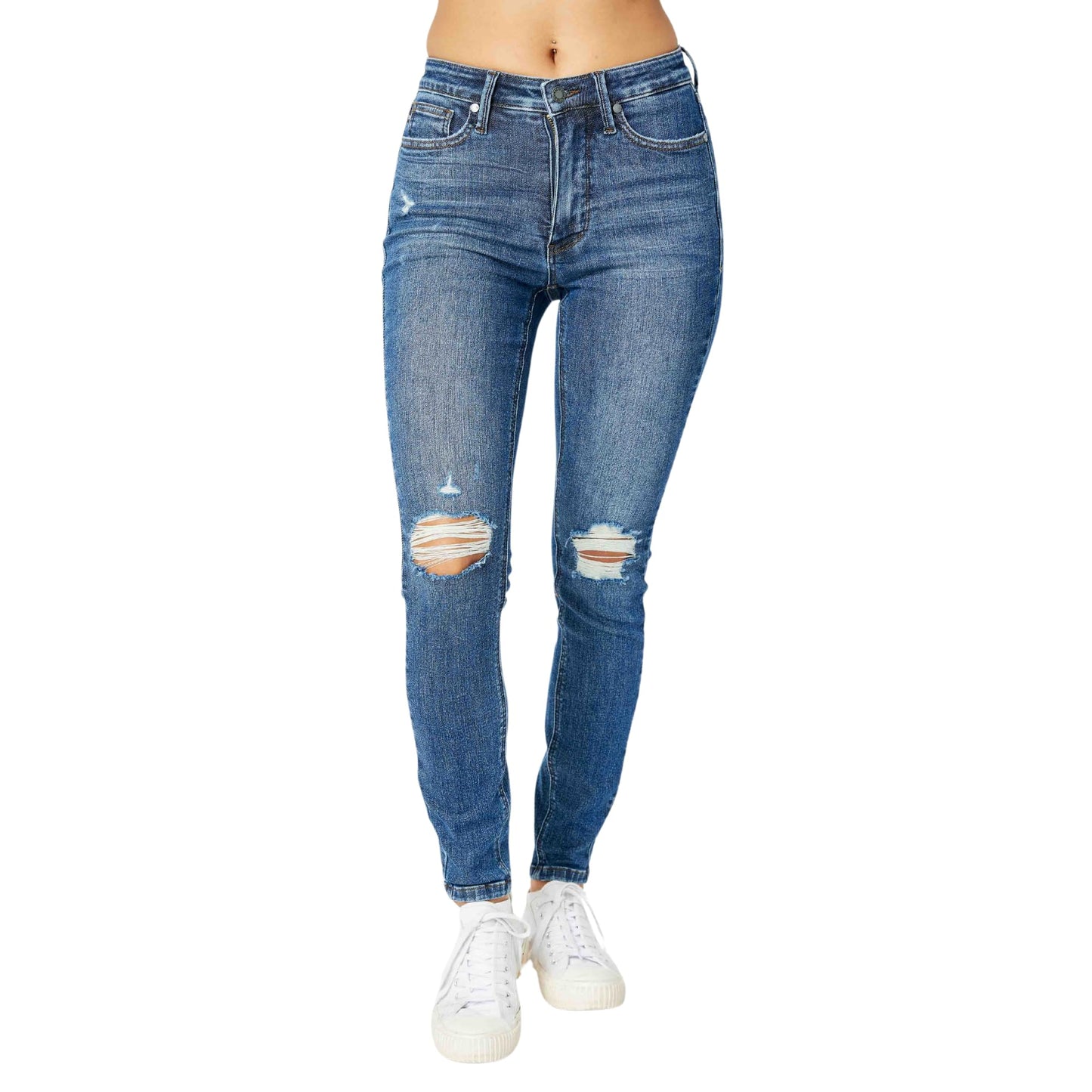 Judy Blue Womens Mid Rise Tummy Control Destroy Skinny Denim Jeans 88798 (Medium Blue 14 Plus)