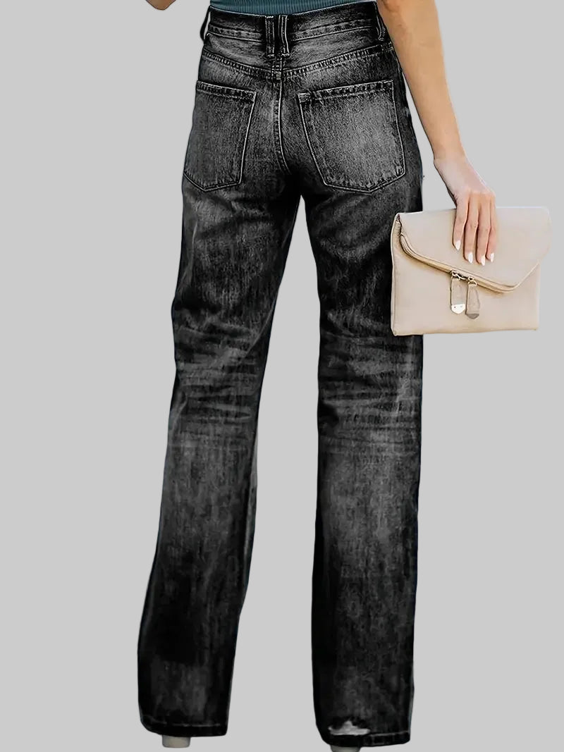 Women's high-waist ripped wide leg jeans in washed black with ripped knee and thigh detail | The Pretty Pistol