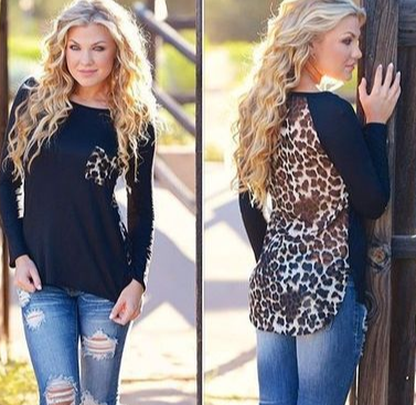Leopard Print Back Panel Long Sleeve Top in Black - Solid Front with Leopard Chest Pocket and Sheer Chiffon Leopard Back Panel Sizes S-XL | The Pretty Pistol