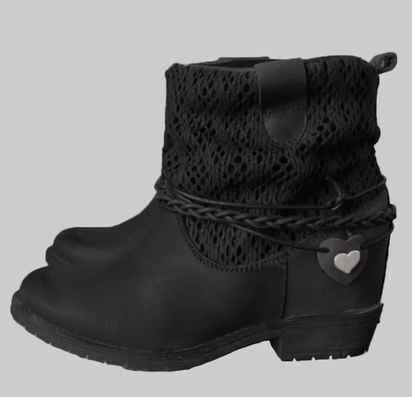 Women’s Braided Cuff Ankle Boots in Black – Textured Cuffs, Braided Wrap Detail, Heart Accents, Low Block Heels | The Pretty Pistol