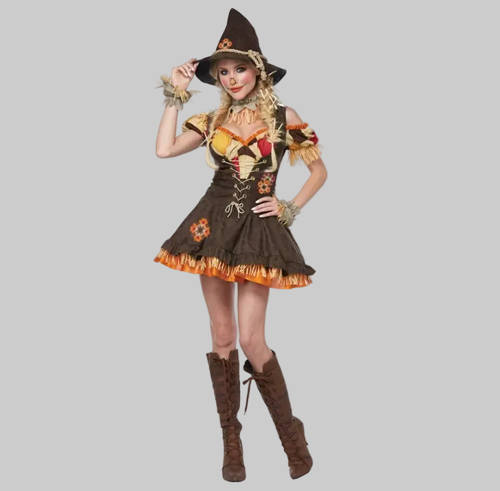 Wizard of Oz Scarecrow costume in brown with patchwork lace-up mini dress, raffia straw trim, orange fringe hem, and dark brown pointed hat | The Pretty Pistol