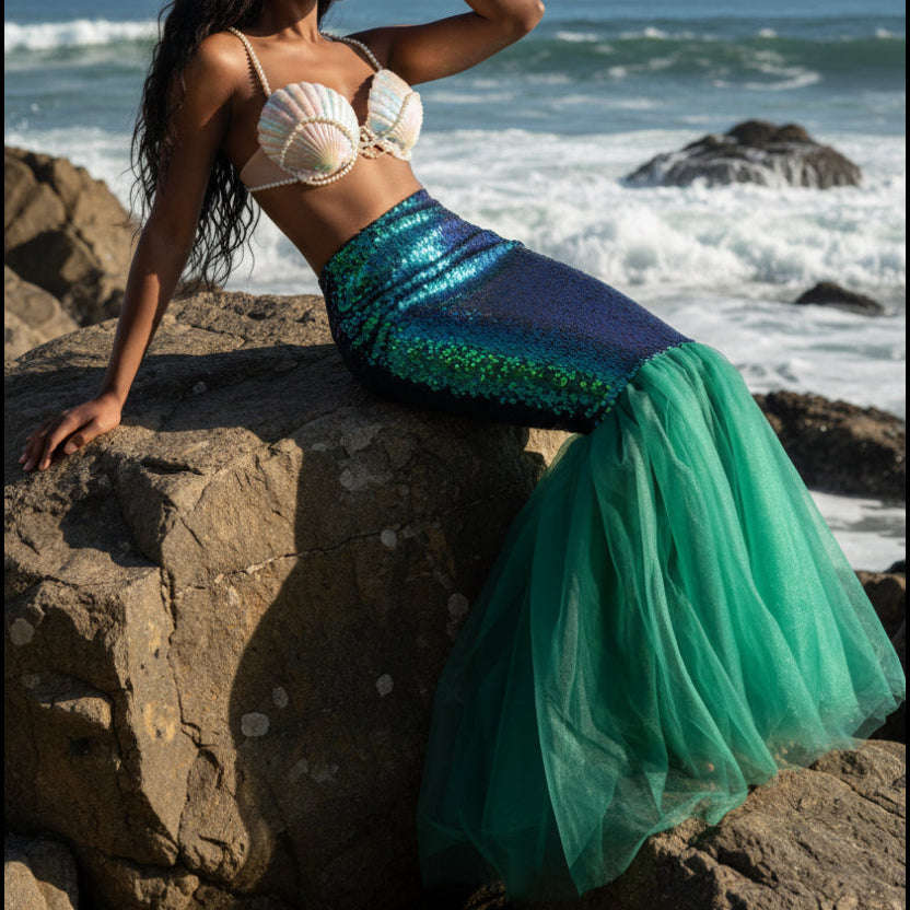 Woman wearing green and blue iridescent sequin mermaid fishtail skirt with shell bra top on ocean rocks | The Pretty Pistol