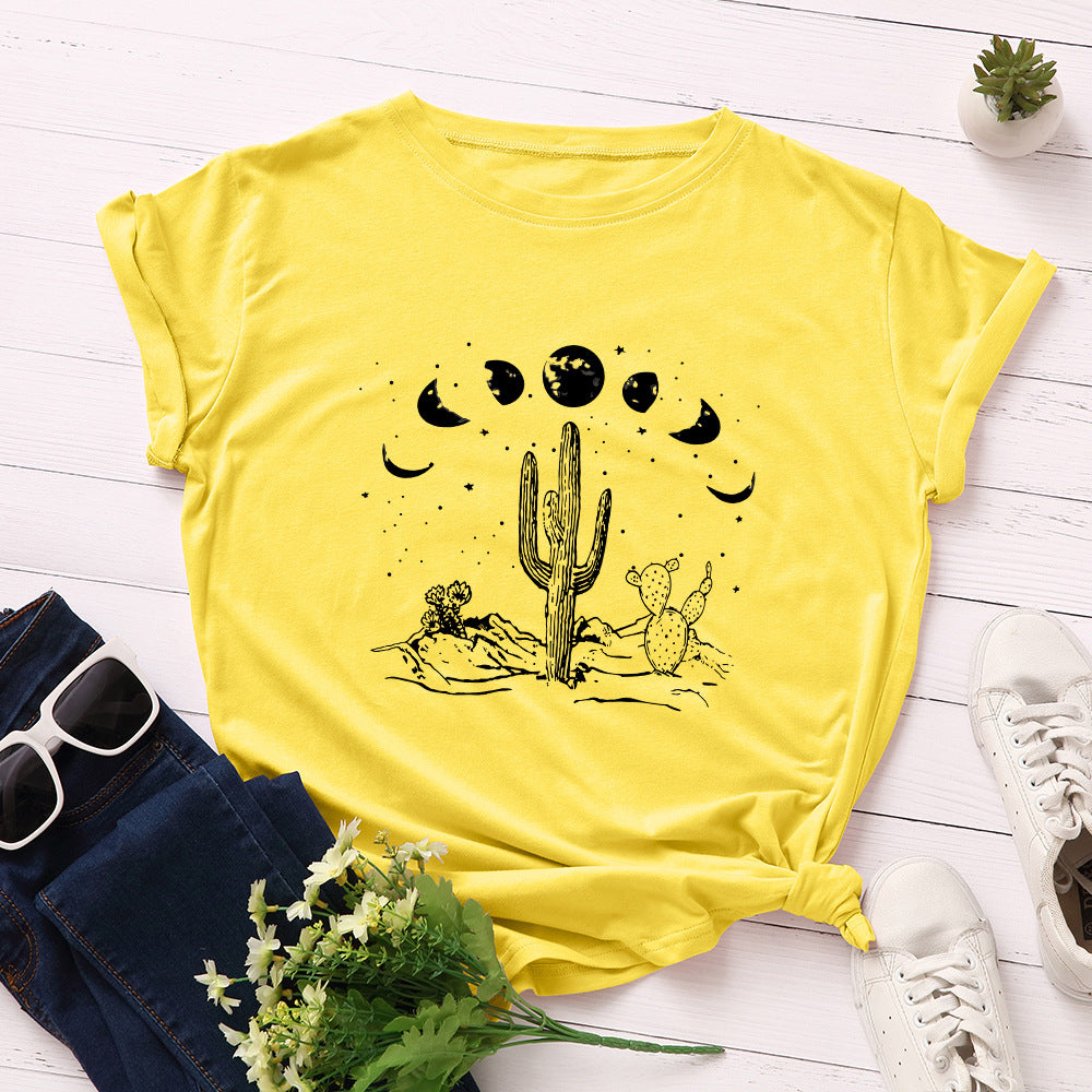Moon Phase Cactus Graphic Tee in Yellow - Boho Desert Print Loose Fit S-5XL | The Pretty Pistol