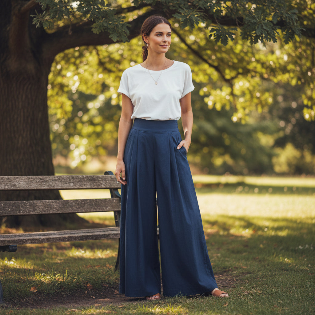 High Waist Wide Leg Palazzo Pants in Blue - Pleated Front Side Pockets Flowy Silhouette Sizes M-5XL | The Pretty Pistol