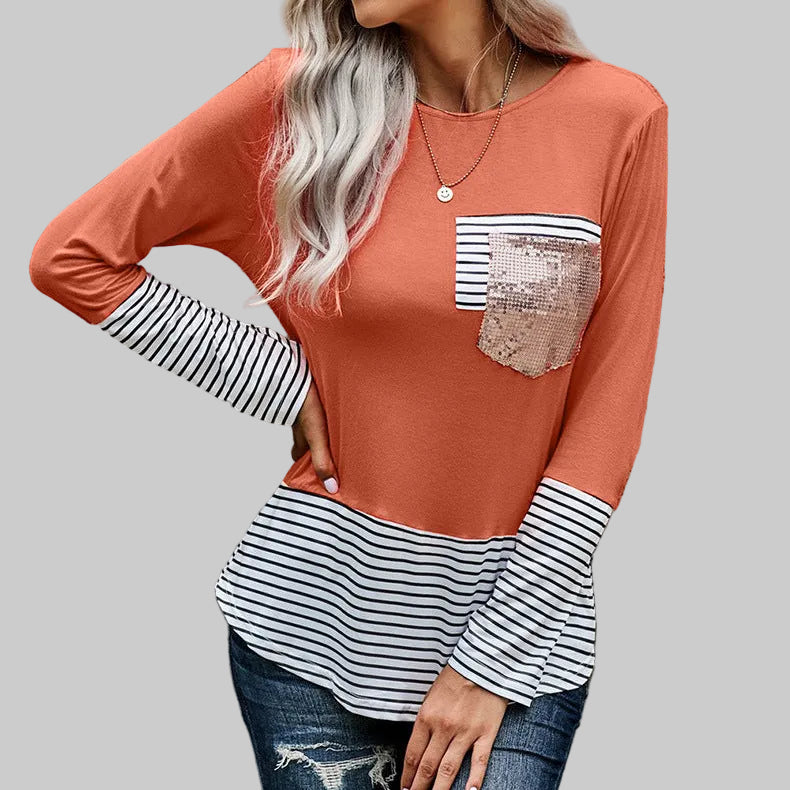 Women's Colorblock Long Sleeve Top in Gray, Camouflage Green & Orange – Stitched Panel Casual Tee, Sizes S-2XL | The Pretty Pistol⠋