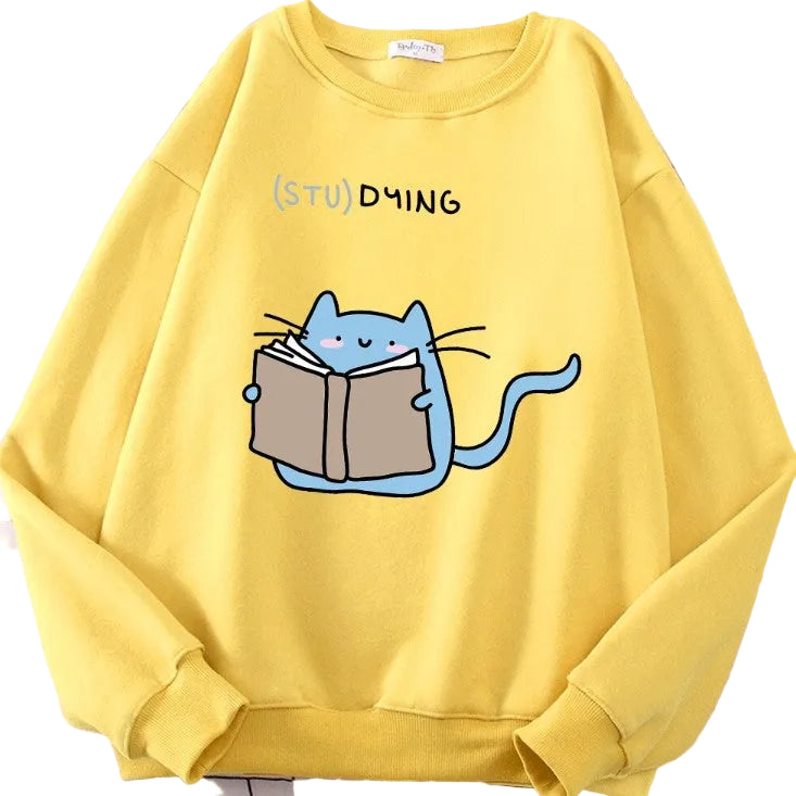 (stu)dying Cat Graphic Crew Neck Sweatshirt in Yellow – Sizes S-3XL | The Pretty Pistol