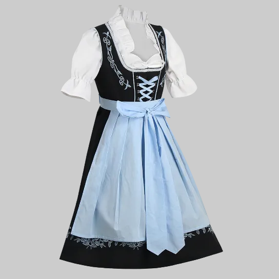 Oktoberfest Dirndl Costume Set - Black Embroidered Midi Dress Blue Lace-Up Ribbon White Ruffled Blouse Light Blue Pleated Apron Sizes XS-3XL | The Pretty Pistol