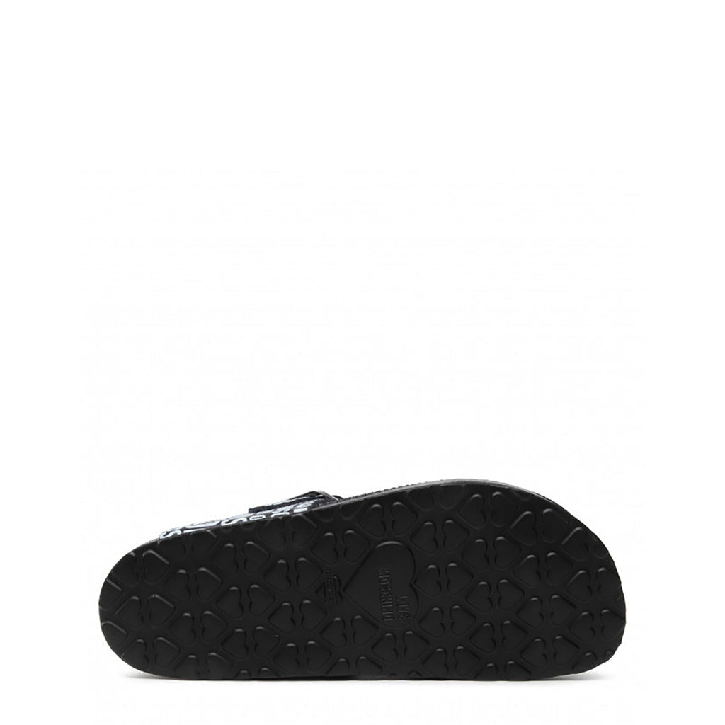 Authentic Love Moschino Black & White Logo Print Thong Sandals with Silver Buckle & Black Footbed – Made in Italy, Sizes 5-8 | The Pretty Pistol