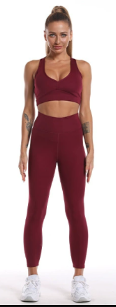 2-Piece V-Neck Sports Bra & High-Waist Legging Set in Burgundy β Sizes S-XL | The Pretty Pistol