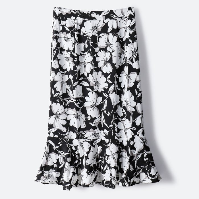 Black & White Large Floral Print Midi Fishtail Skirt with Ruffle Hem - Sizes M to 2XL | The Pretty Pistol