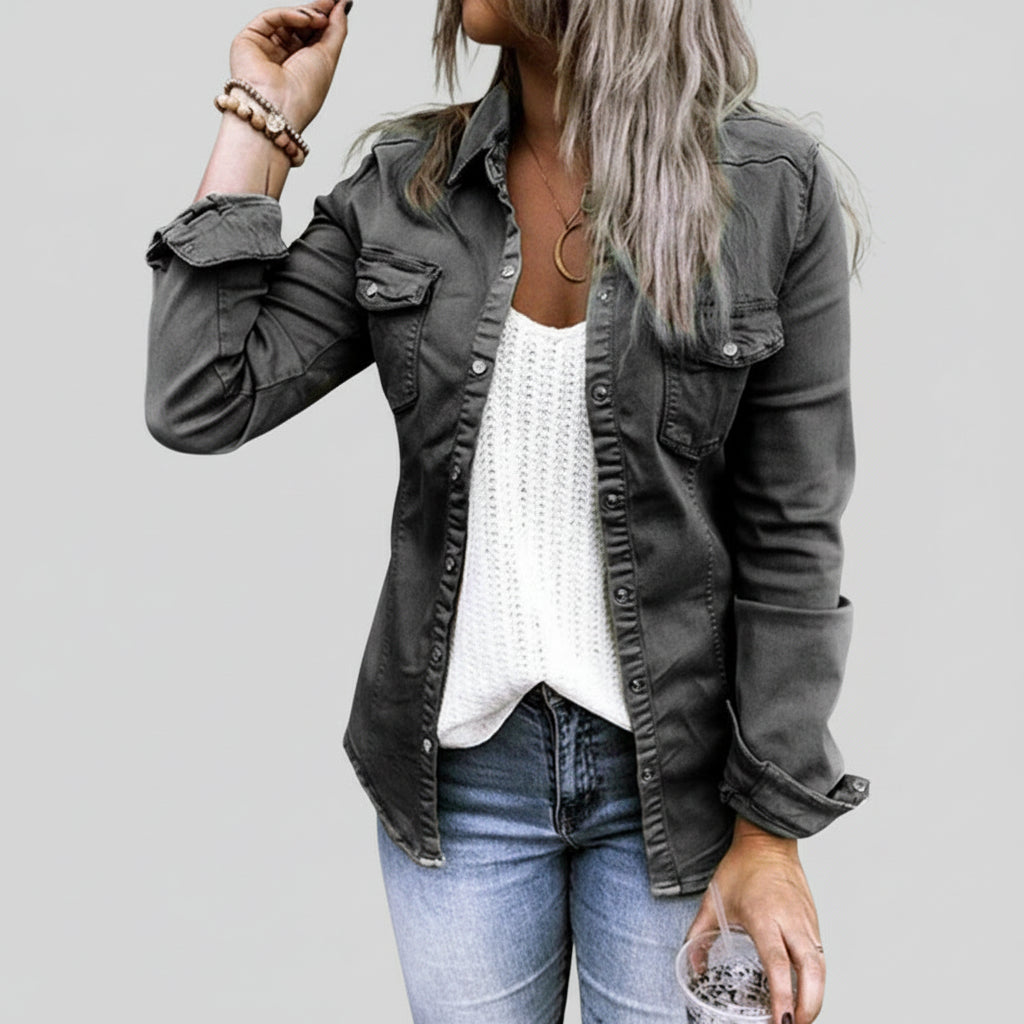 Vintage black long sleeve denim shirt worn open over a white tank with spread collar, chest pockets, and rolled cuffs | The Pretty Pistol