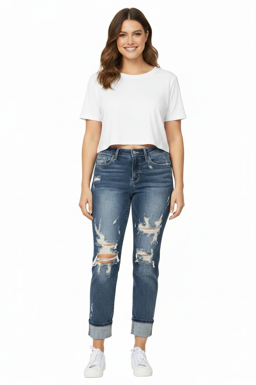 Judy Blue Midrise Cuffed Destroy Boyfriend Jeans