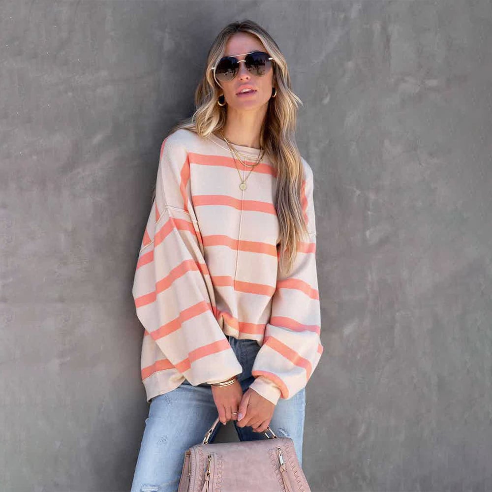 Striped Balloon Sleeve Oversized Top in Coral – Sizes S-2XL | The Pretty Pistol