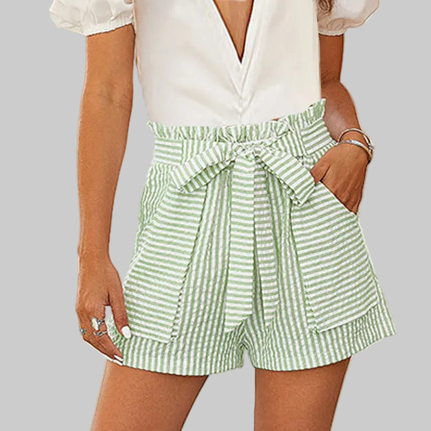 Women's High-Waist Striped Paper Bag Bow Tie Shorts with Side Pockets in Green – S-5XL | The Pretty Pistol
