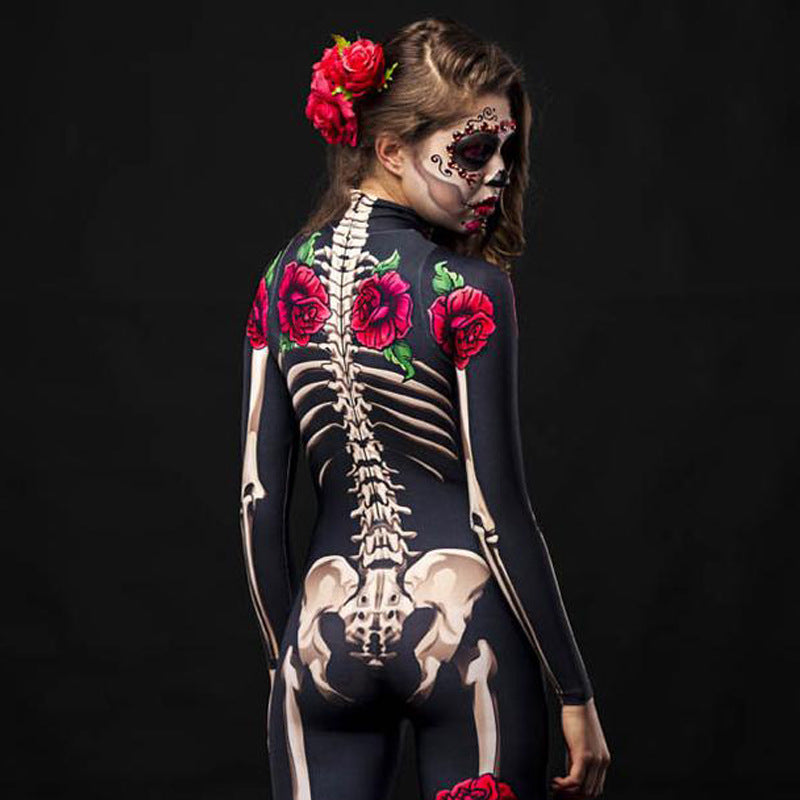 Women's skeleton rose 3D print bodysuit costume in black for Halloween and Day of the Dead | The Pretty Pistol