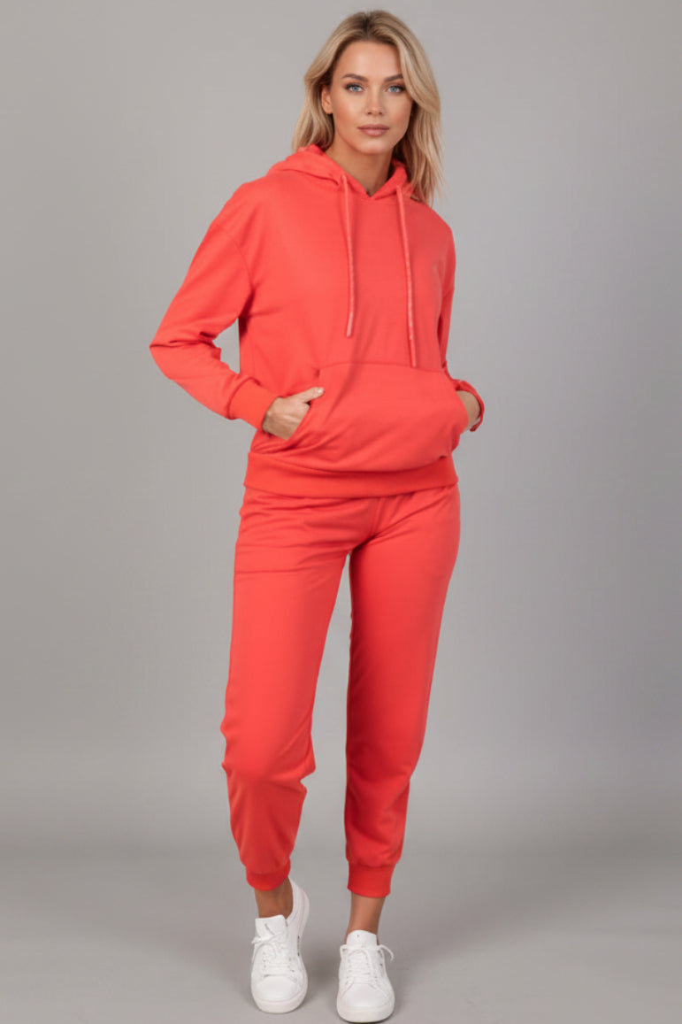 2-Piece Hoodie & Jogger Matching Set in Sunset Red – Women's Pullover & Jogger Pants S-2XL