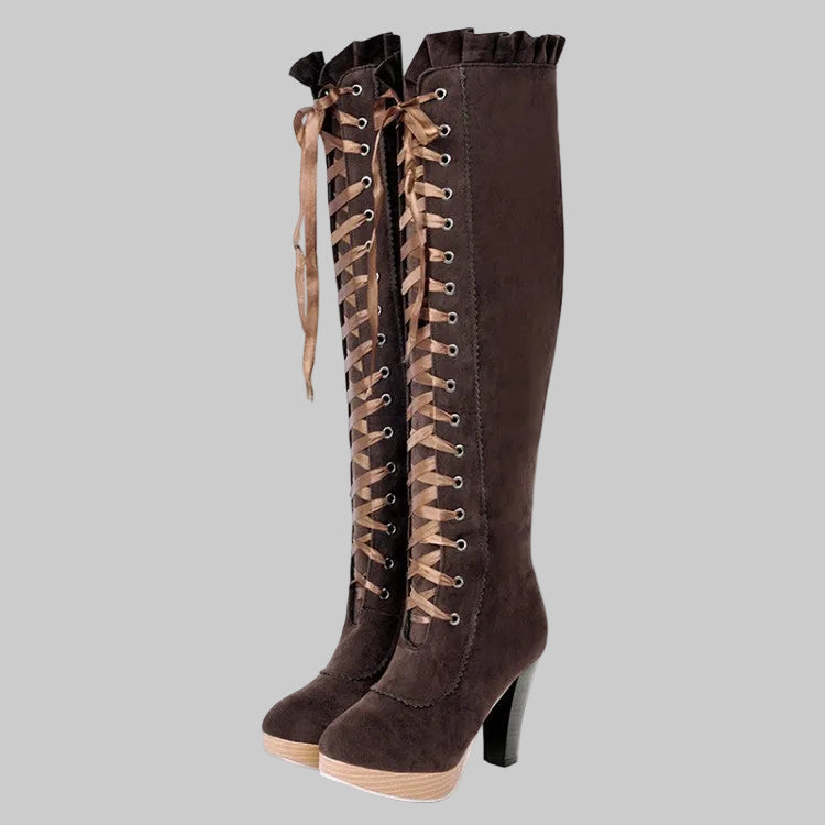 Velvet Suede Tall Lace-Up Boots Brown - Knee-High Ribbon Lace Gold Eyelets Ruffle Trim Chunky Block Heel Platform Sizes 4-13 | The Pretty Pistol