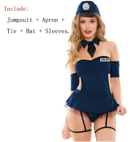 Sexy Police Halloween Costume Set - Navy Strapless Bandeau Peplum Waist Mini Bottom Collar Tie Wrist Cuffs Headband Sizes S-XL | The Pretty Pistol