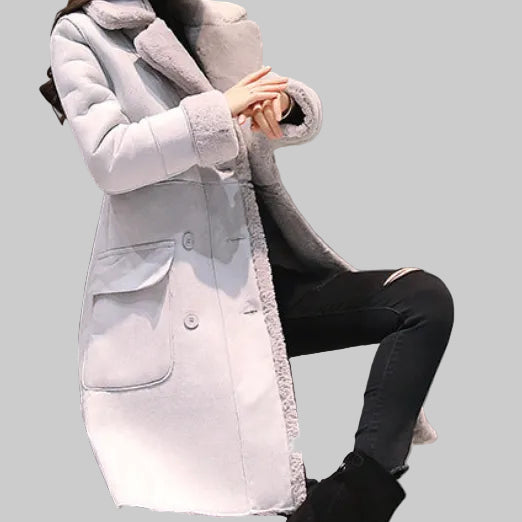 Women's Faux Shearling Lined Long Coat in Pink and Gray – Double-Breasted Suede-Look Winter Coat with Notched Lapel S-2XL | The Pretty Pistol