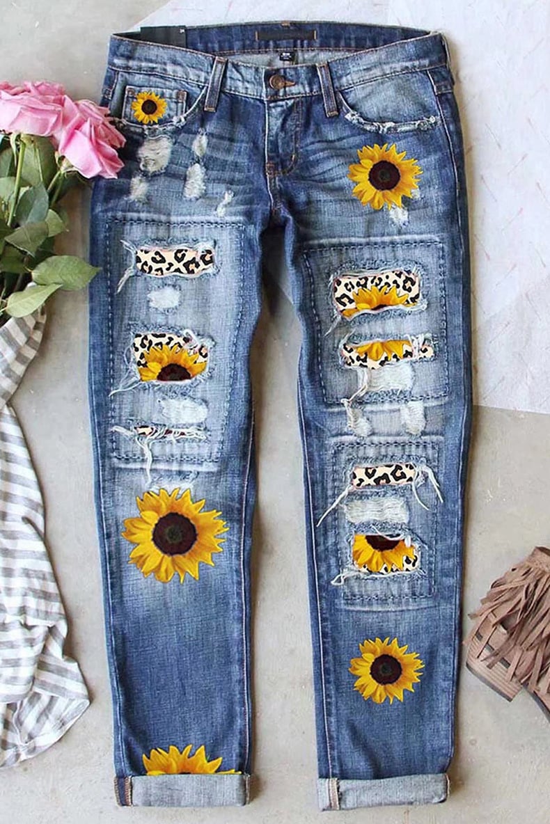 Ripped Jeans with Sunflower and Cheetah Patches for Women up to 2XL.