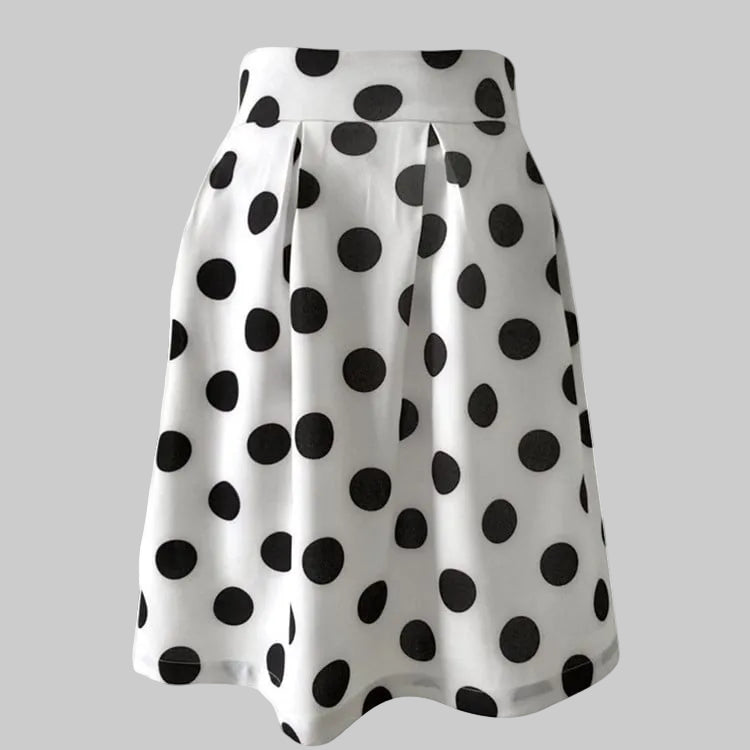 Women's Black and White Polka Dot Pleated Skirt – High Waisted Box Pleat A-Line Skirt, Sizes S-2XL | The Pretty Pistol