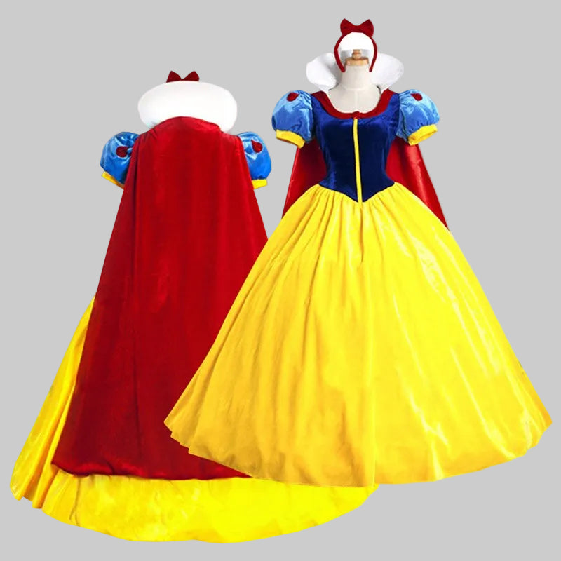 Snow White princess costume set with blue velvet bodice, yellow satin ball skirt, red cape, and red bow headband on dress form | The Pretty Pistol
