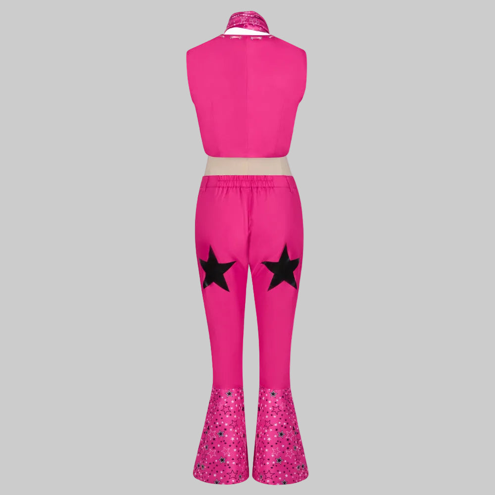 Western Barbie costume set in hot pink with star-print sleeveless crop top, scarf neckline, and high-waist flare pants with lace-up front and star-print hem | The Pretty Pistol